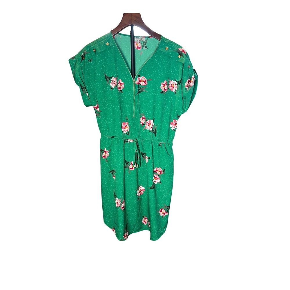 Speed Control New York Green Floral Polka Dot Zip V-Neck Dress Large Womens
